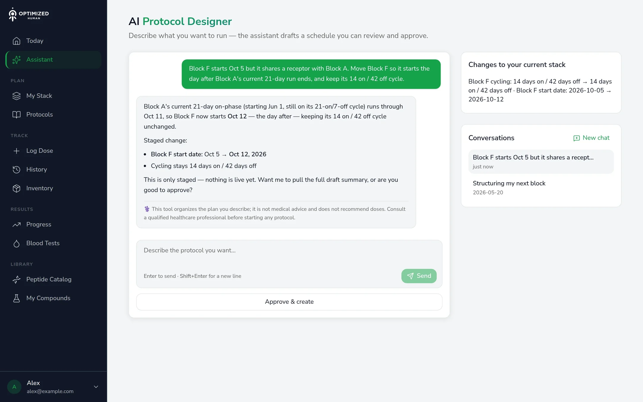 The assistant on the web, holding a staged change for approval