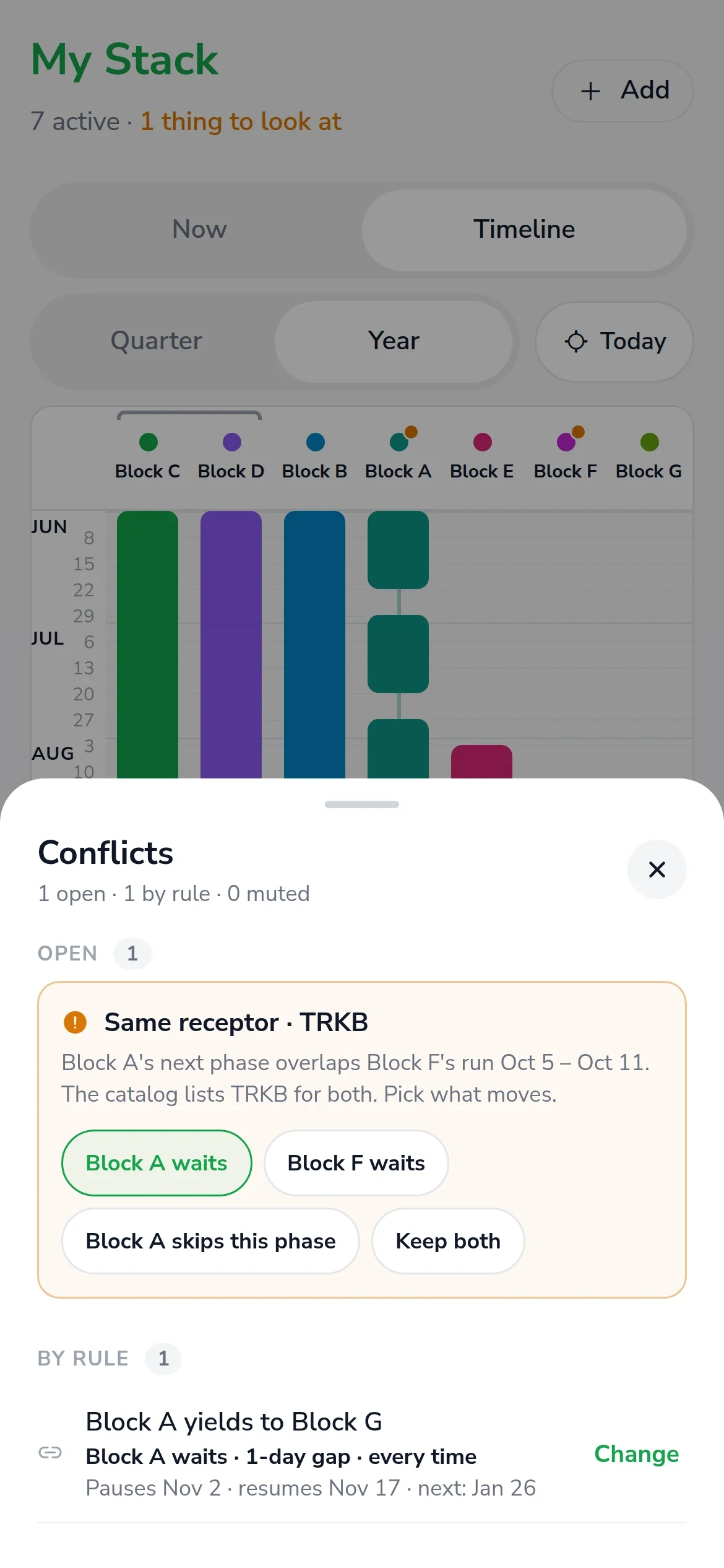 The conflicts sheet on a phone: same receptor, pick what moves