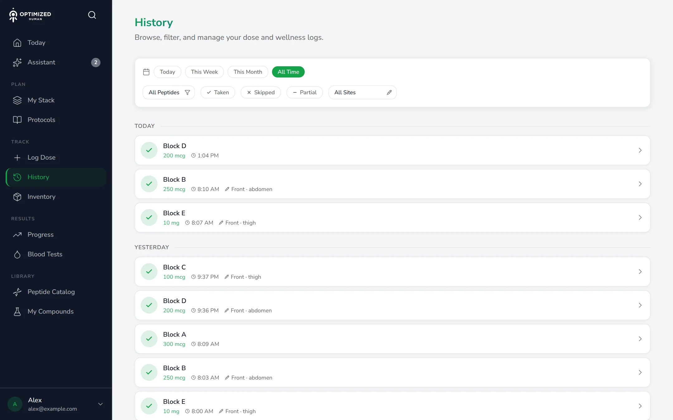 Dose history on the web: each log with its time and injection site
