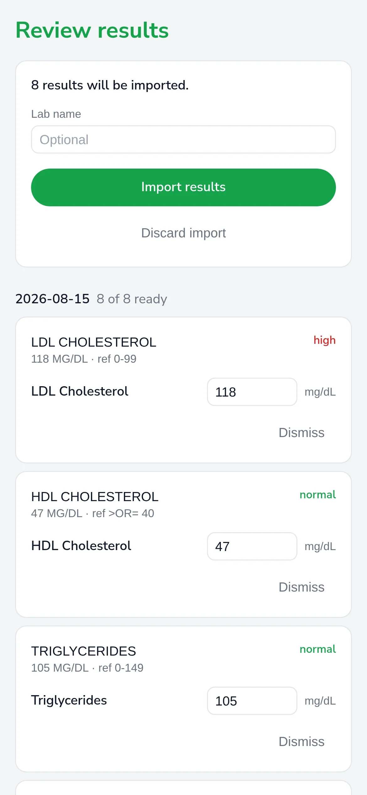 Import review on a phone: lab values ready to check before saving