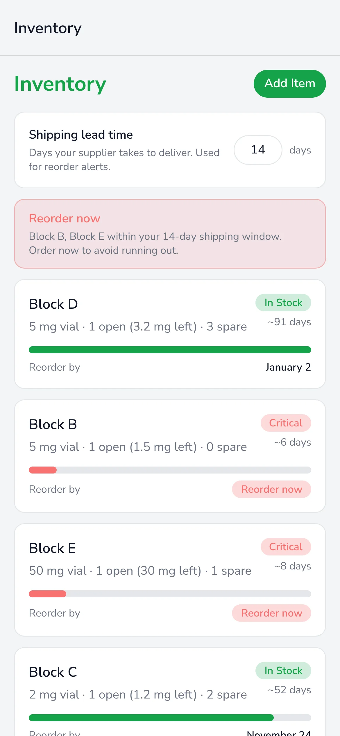 Inventory on a phone: a vial flagged critical with days remaining