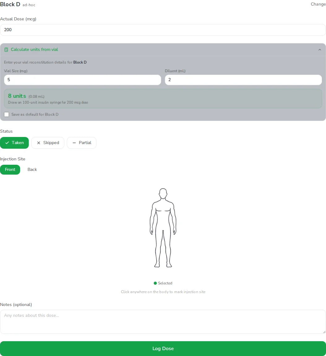 The dose form on the web, with the vial calculator open
