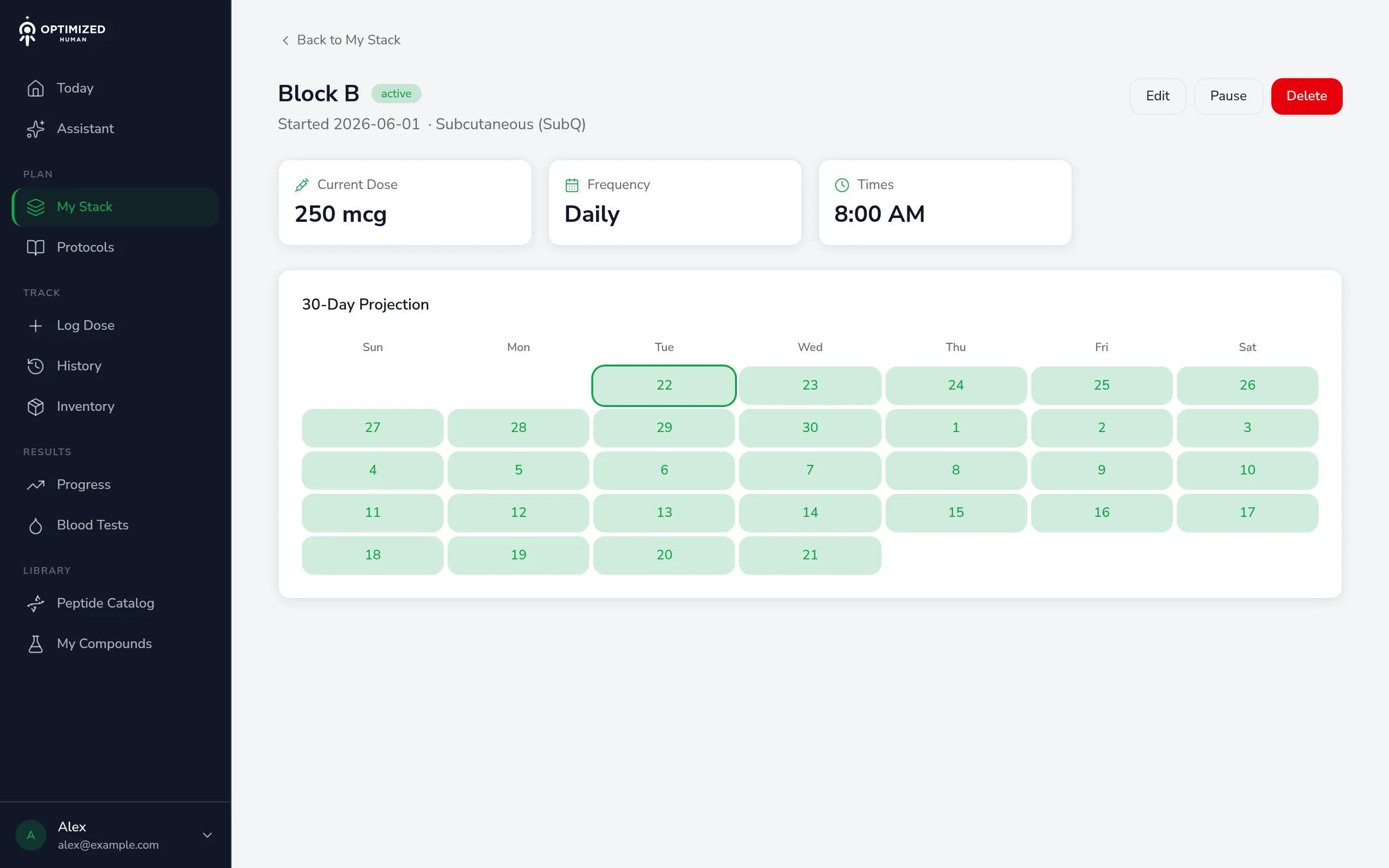 A schedule on the web: current dose, frequency, and a 30-day projection