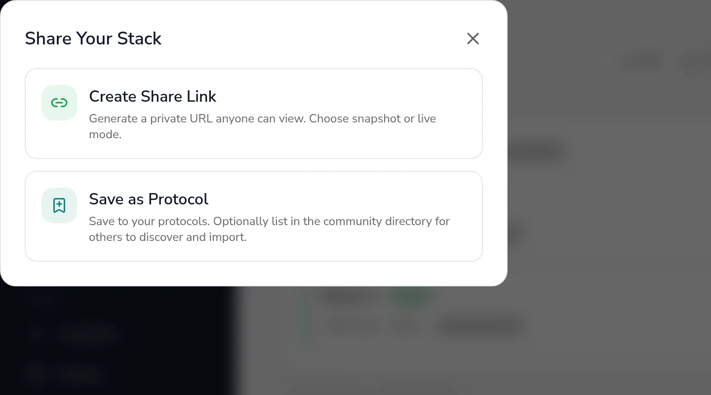 The share dialog on the web: create a share link, or save the stack as a protocol