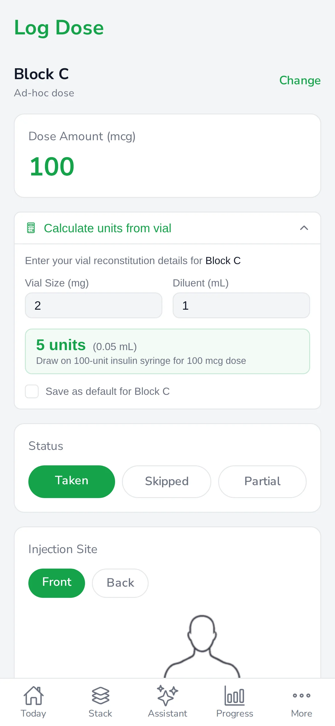 Unit calculator: 5 units (0.05 mL)